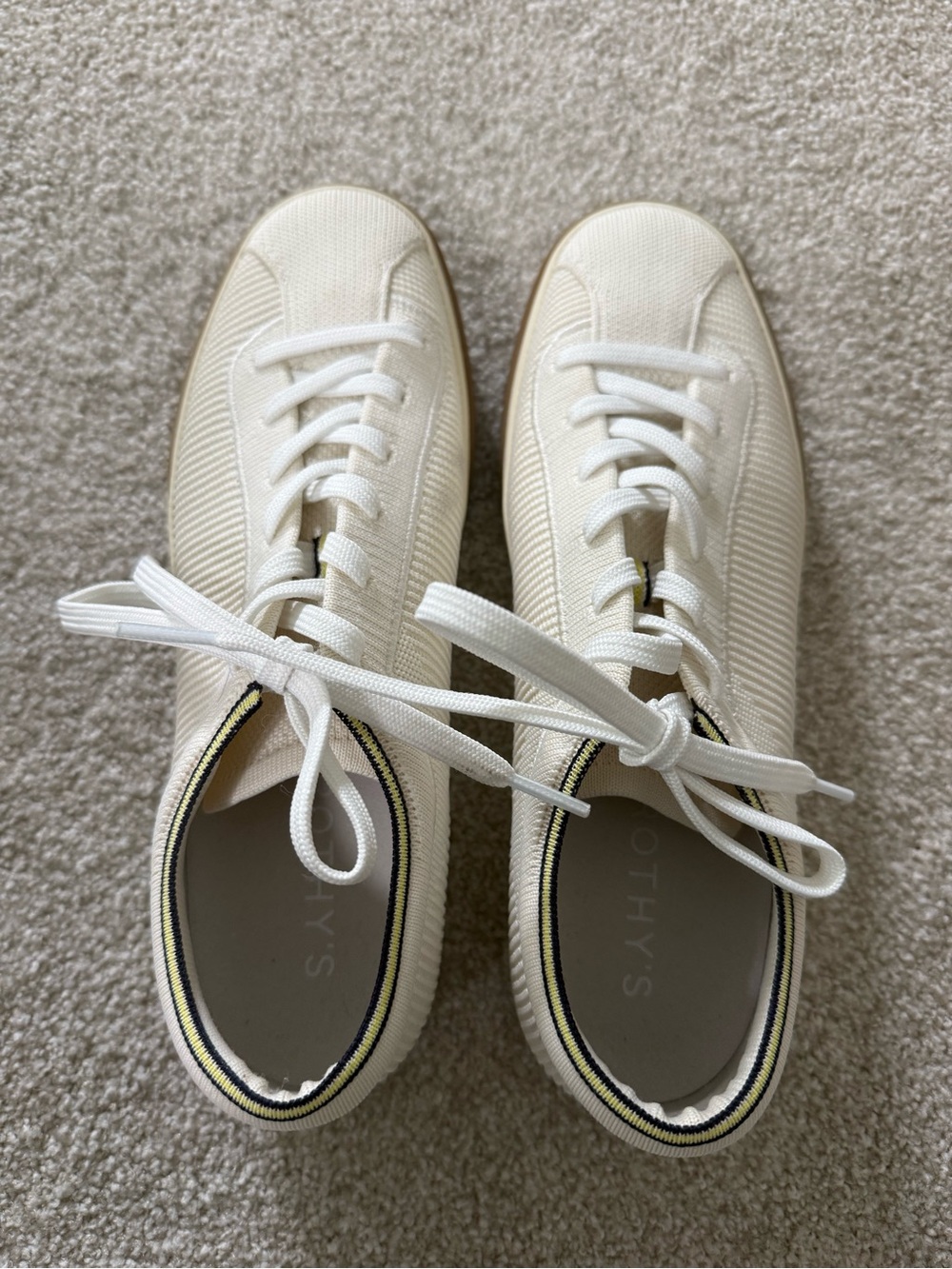 Rothy's Cream Knit Lace-Up Sneakers with Black and Yellow Trim